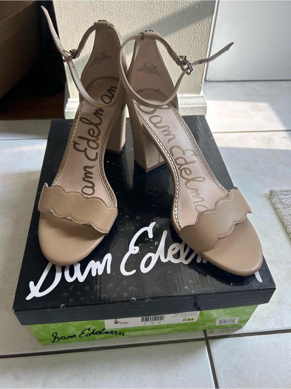 Sam Edelman Beige Scalloped Ankle-Strap Block Heel Sandals
